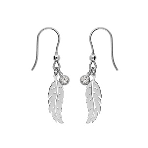 Boucles d'oreille en argent rhodié plume avec oxyde blanc serti clos et fermoir crochet