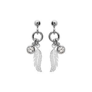 Boucles d'oreille en argent rhodié plume et 1 oxyde blanc serti clos et fermoir poussette