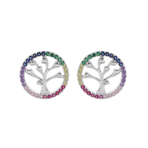 Boucles d’oreille en argent rhodié arbre de vie contour oxydes multicouleurset fermoir poussette