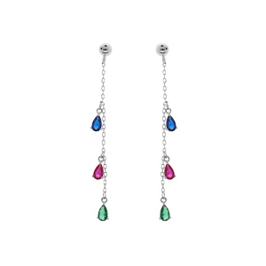 Boucles d’oreille en argent rhodié chaînette et oxydes multicouleurs suspendus et fermoir poussette