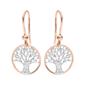 Boucles d’oreille en argent rhodié et dorure rose arbre de vie granité 15mm suspendu et fermoir crochet