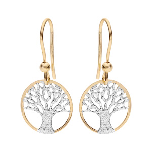 Boucles d'oreille en argent rhodié et dorure jaune arbre de vie granité 15mm suspendu et fermoir cro