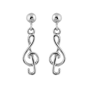 Boucles d’oreilles pendantes en argent rhodié clef de sol suspendue et fermoir poussette