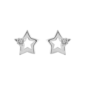 Boucles d’oreilles en argent étoile évidée ornée d’1 oxyde blanc et fermoir poussette