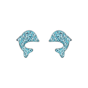 Boucles d’oreilles en argent rhodié dauphin avec strass bleu ciel et fermoir poussette