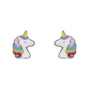 Boucles d’oreille tige argent rhodié tête licorne multicolore