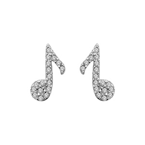 Boucles d’oreilles en argent rhodié croche de musique pavée d’oxydes blancs et fermoir poussette