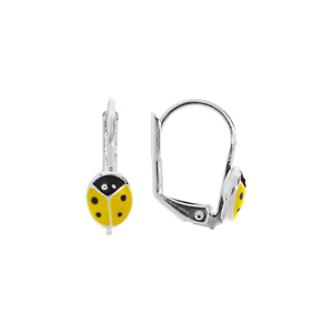 Boucles d’oreille pour enfant en argent rhodié coccinelle couluer jaune et point noir fermoir dormeuse
