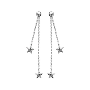 Boucles d'oreilles pendantes en argent rhodié chaînettes avec étoiles et fermoir poussette