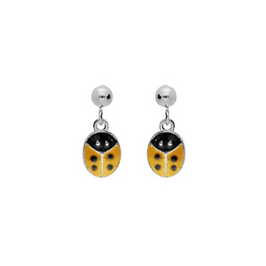Boucles d’oreille pour enfant en argent rhodié coccinelle jaune suspendue et fermoir poussette
