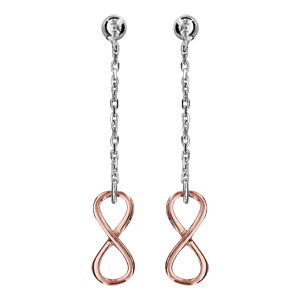 Boucles d'oreilles pendantes en argent rhodié et dorure rose chaînette avec infini lisse à l'extrémi
