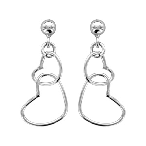 Boucles d’oreilles pendantes en argent rhodié 2 coeurs emmaillés suspendus et fermoir poussette
