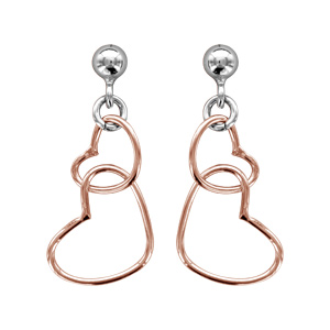 Boucles d’oreilles pendantes en argent rhodié et dorure rose coeurs suspendus et fermoir poussette