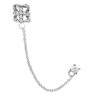 Boucle d’oreille « ear cuff » en argent rhodié pince ornée d’une croix en oxydes blancs, chaînette reliée à 1 clou surmonté d’1 oxyde blanc serti (à l’unité)