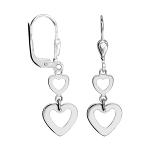 Boucles d’oreilles pendantes en argent rhodié 2 coeurs ajourés de taille différente et fermoir dormeuse