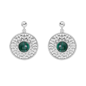 Boucles d'oreille en argent rhodié grosse pastille ethnique suspendue avec pierre Malachite véritabl