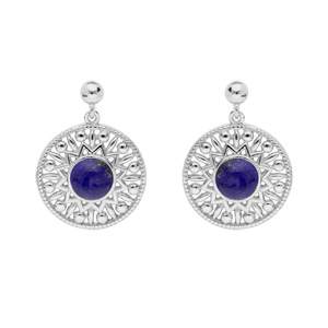 Boucles d’oreille en argent rhodié grosse pastille ethnique suspendue avec pierre Lapis Lazuli véritable et fermoir poussette