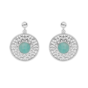 Boucles d'oreille en argent rhodié grosse pastille ethnique suspendue avec pierre Amazonite véritabl