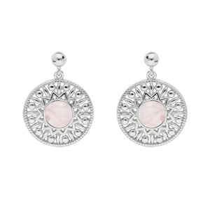 Boucles d'oreille en argent rhodié grosse pastille ethnique suspendue avec pierre de Quartz rose vér