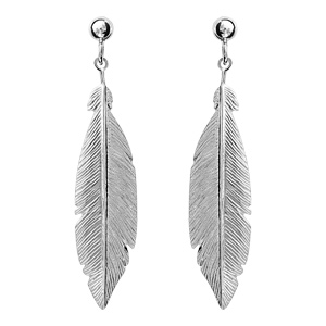 Boucles d'oreilles pendantes en argent rhodié plume finement rainurée et suspendue avec fermoir pous
