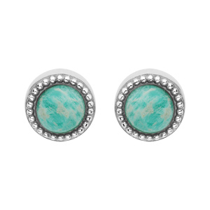 Boucles d'oreille en argent rhodié pierre Amazonite véritable contour perlé et fermoir poussette