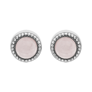 Boucles d’oreille en argent rhodié pierre Quartz rose véritable contour perlé et fermoir poussette