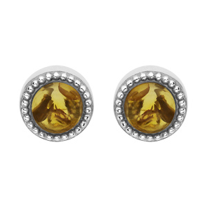 Boucles d’oreille en argent rhodié pierre Ambre véritable contour perlé et fermoir poussette
