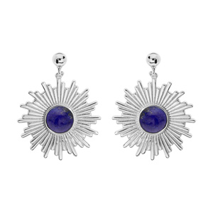 Boucles d'oreille en argent rhodié ethnique soleil suspendu avec pierre Lapis Lazuli véritable et fe
