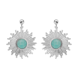 Boucles d'oreille en argent rhodié ethnique soleil suspendu avec pierre Amazonite véritable et fermo