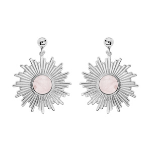 Boucles d'oreille en argent rhodié ethnique soleil suspendu avec pierre Quartz rose véritable et fer
