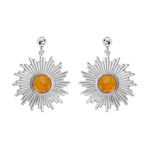 Boucles d'oreille en argent rhodié ethnique soleil suspendu avec pierre Ambre véritable et fermoir p