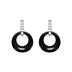 Boucles d'oreilles en argent rhodié cercle céramique noire et oxydes blancs fermoir poussette