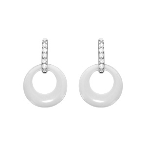 Boucles d’oreilles en argent rhodié cercle céramique blanche et oxydes blancs fermoir poussette