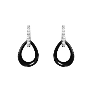 boucles d'oreilles en argent rhodié pendantes ovale céramique noires et oxydes blancs fermoir poussette