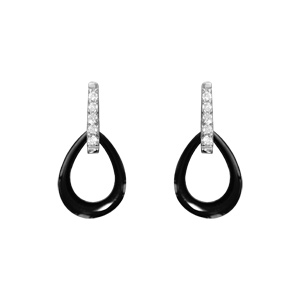 Boucles d’oreilles en argent rhodié pendantes ovale céramique noires et oxydes blancs fermoir poussette