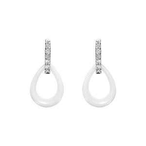 Boucles d’oreilles en argent rhodié pendantes ovale céramique blanche et oxydes blancs fermoir poussette