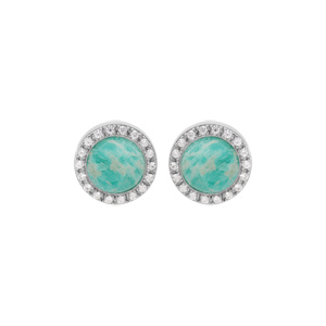 Boucles d'oreille en argent rhodié pierre Amazonite naturelle contour d'oxydes blancs sertis et ferm