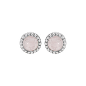 Boucles d'oreille en argent rhodié pierre Quartz rose naturelle contour d'oxydes blancs sertis et fe