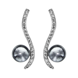 Boucles d’oreilles en argent rhodié vague d’oxydes blancs sertis avec perle grise de synthèse et fermoir poussette