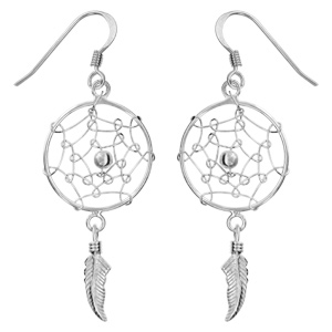 Boucles d’oreilles pendantes en argent rhodié attrape rêves avec 1 plume suspendue et fermoir crochet