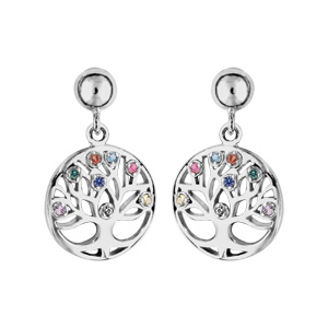 Boucles d’oreille en argent rhodié pastille arbre de vie avec pierres multi couleurs et fermoir poussette