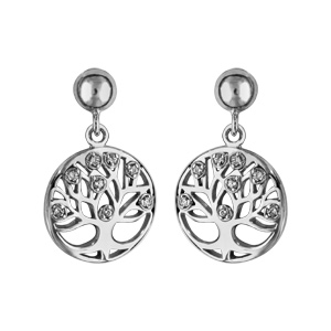Boucles d'oreilles pendantes en argent rhodié cercle suspendu avec arbre de vie découpé avec oxydes
