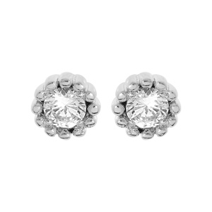 Boucles d'oreille en argent rhodié oxyde blanc serti 3mm contour perlé et fermoir poussette