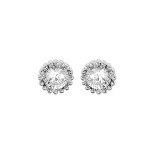 Boucles d'oreille en argent rhodié oxyde blanc serti 5mm contour perlé et fermoir poussette