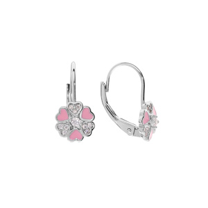 Boucles d’oreille en argent rhodié fleur rose avec coeurs oxydes blancs et fermoir dormeuse
