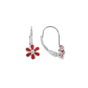 Boucles d’oreille en argent rhodi  fleur rouge avec oxyde blanc et fermoir dormeuse