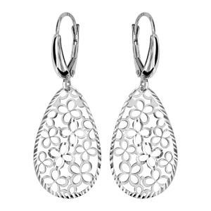 Boucles d’oreilles pendantes en argent rhodié goutte arrondie motif fleurs découpées et fermoir dormeuse