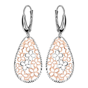 Boucles d’oreilles pendantes en argent rhodié et dorure rose goutte arrondie motif fleurs découpées et fermoir dormeuse