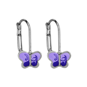 Boucles d’oreilles pour enfant en argent rhodié papillon mauve et fermoir dormeuse