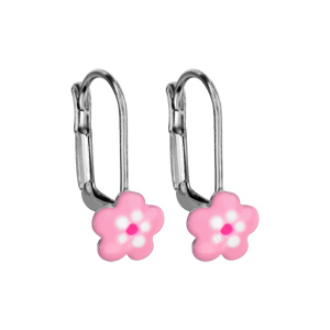 Boucles d’oreilles pour enfant en argent rhodié fleur rose et fermoir dormeuse
